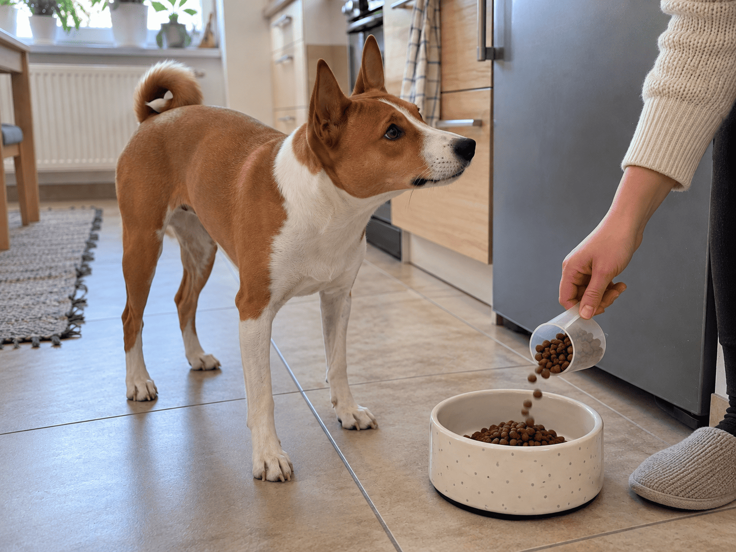 Basenji čaká pri miske na odmeranú porciu krmiva
